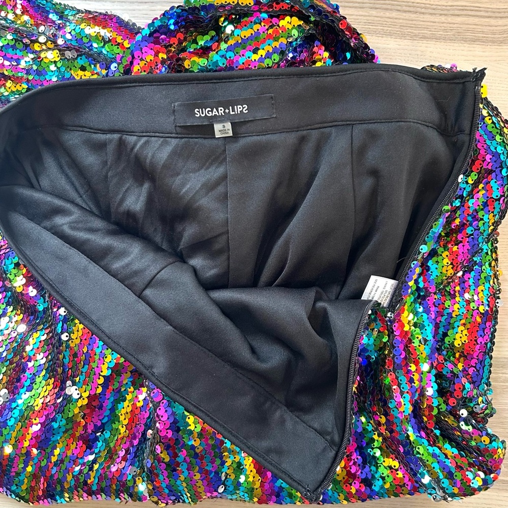 SUGARLIPS Rainbow Sequin Wide Leg Flare Pants Party Shimmer Glitter Size S - Picture 7 of 8